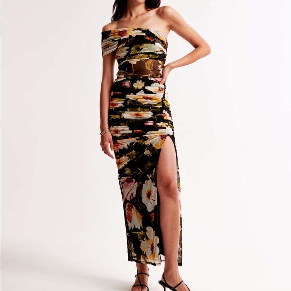 Abercrombie Mesh Asymmetrical Off-The-Shoulder Draped Maxi Dress